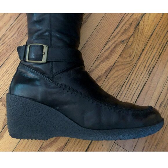 Hush Puppies Black leather boot high wedge heel brass buckle & ankle strap 8.5 - Picture 5 of 10